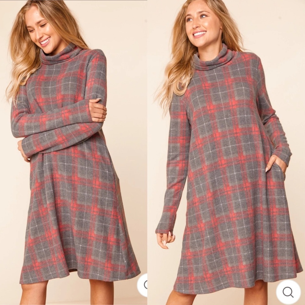 Charcoal grey and red plaid midi dress cowl neck